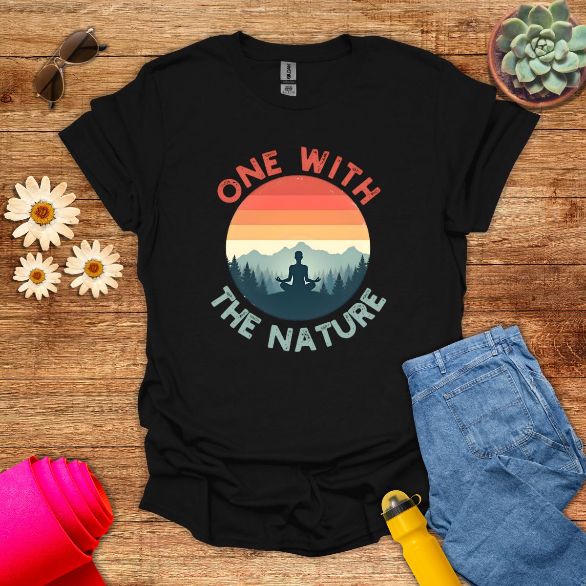 Retro Sunset One With the Nature Meditation T-Shirt