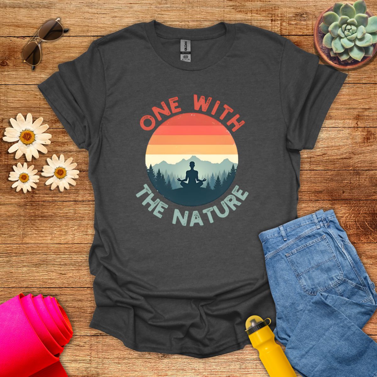 Retro Sunset One With the Nature Meditation T-Shirt