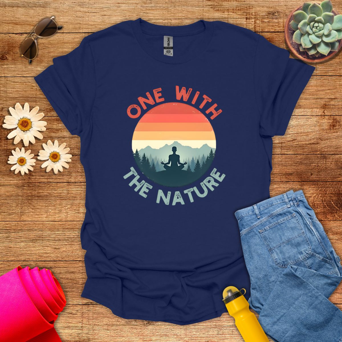 Retro Sunset One With the Nature Meditation T-Shirt