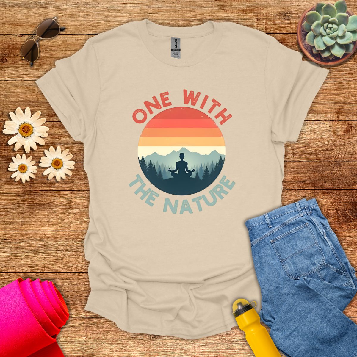 Retro Sunset One With the Nature Meditation T-Shirt