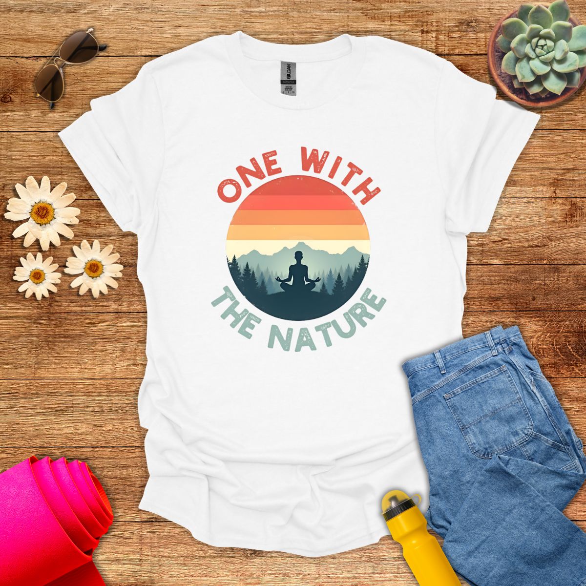 Retro Sunset One With the Nature Meditation T-Shirt